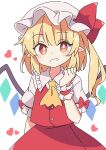  1girl absurdres ascot black201_wav blonde_hair blush bow crystal crystal_wings flandre_scarlet grin hat hat_ribbon heart highres long_hair looking_at_viewer mob_cap multicolored_wings one_side_up pointy_ears red_bow red_eyes red_skirt red_vest ribbon short_sleeves simple_background skirt skirt_set sleeve_bow smile solo touhou vest white_background white_hat wings wrist_cuffs yellow_ascot 