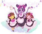  1girl 2others androgynous arthropod_girl blush brown_hair chara_(undertale) closed_eyes cup donut extra_arms extra_eyes food frisk_(undertale) hair_ribbon hand_on_own_chin highres holding holding_cup holding_plate licking_lips maid maid_headdress muffet multiple_others pink_ribbon plate red_eyes ribbon spider_girl tongue tongue_out twintails undertale white_background 