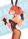  1girl 8825wh animal_ears black_leotard black_scrunchie breasts detached_collar fake_animal_ears fake_tail fate/grand_order fate_(series) fingerless_gloves fishnet_pantyhose fishnets fujimaru_ritsuka_(female) gloves hair_ornament hair_scrunchie highleg highleg_leotard highres leotard one_side_up orange_eyes orange_hair pantyhose playboy_bunny rabbit_ears rabbit_tail scrunchie short_hair side_ponytail strapless strapless_leotard tail 