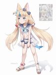  1girl absurdres animal_ear_fluff animal_ears bikini blonde_hair blue_bikini blue_eyes blue_hair blue_nails blue_sailor_collar cat_ears closed_mouth commentary dress english_commentary fang fang_out fins fish_girl fish_tail flat_chest frilled_bikini frilled_dress frills highres indie_virtual_youtuber leaning_forward linhcoris long_hair low_twintails multicolored_hair nail_polish navel one_side_up open_clothes open_dress photo-referenced photo_inset reference_inset sailor_collar sailor_dress sameko_saba sandals short_shorts shorts skin_fang solo streaked_hair striped_bikini striped_clothes swimsuit tail toes twintails virtual_youtuber white_dress white_shorts 