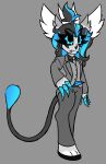  absurd_res animal_ears anthro black_hair blue_eyes blue_hair bottomwear cat_tail claws clothing female formal glowing grey_background hair hi_res invalid_tag long_hair multicolored_hair pants ponytail ravyn_pain simple_background smile solo spot_color suit tail two_tone_hair 