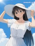  1girl absurdres artist_name azumanga_daioh black_hair blue_eyes cloud cloudy_sky day dress hat highres long_hair looking_at_viewer naoyuki_arts outdoors sakaki_(azumanga_daioh) sky solo square_neckline sundress white_dress white_hat 