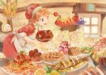  1girl absurdres alternate_costume apple apron banana bird boned_meat book bowl chicken closed_eyes commentary dress earrings ellie_niunai_zhuyi_zhe english_commentary eyelashes feather_earrings feathers fish_(food) food food_focus fruit garnish grapes hat heart heart-shaped_eyes highres holding holding_bowl holding_plate hololive hololive_english indoors jar jewelry kfp_employee_(takanashi_kiara) lemon lemon_slice light_particles meat meatball noodles open_mouth orange_hair pasta pie plate purple_eyes red_dress red_hat salad shelf short_sleeves shrimp sitting sleeping smile spaghetti spaghetti_and_meatballs sparkle steam takanashi_kiara twitter_username virtual_youtuber watermelon watermelon_slice white_apron window wooden_bowl 
