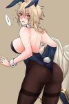  ! 1girl alternate_costume animal_ears ass back backless_leotard black_leotard blonde_hair blush breasts detached_collar embarrassed fake_animal_ears fake_tail female_kiran_(fire_emblem) fire_emblem fire_emblem_heroes from_behind hair_between_eyes highres kiran_(fire_emblem) large_breasts leotard looking_at_viewer looking_back medium_hair open_mouth pantyhose playboy_bunny rabbit_ears rabbit_tail red_eyes robe sierra117renner solo spoken_exclamation_mark standing strapless strapless_leotard tail thighband_pantyhose unworn_robe white_robe 