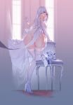  1girl absurdres ass azur_lane bare_shoulders blue_eyes bouquet breasts cameltoe dress dress_lift elbow_gloves flower frilled_panties frills from_behind full_body garter_straps gloves high_heels highres illustrious_(azur_lane) indoors jewelry kneeling kneepits knees_together_feet_apart legs long_hair looking_back one_knee panties presenting ring sash shoes sideboob silver_hair solo stool strapless strapless_dress swd3e2 thigh_gap thighhighs thighs underwear wedding_band wedding_dress white_dress white_footwear white_gloves white_legwear white_panties window 