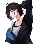  1girl ahoge arm_behind_head arm_up black_hair black_jacket blue_hair blue_jacket blue_overalls blue_ribbon cloud_etoile earrings grey_eyes hair_ribbon hashtag-only_commentary highres indie_virtual_youtuber jacket jewelry long_sleeves looking_at_viewer mole mole_under_eye multicolored_hair multicolored_jacket necklace off-shoulder_shirt off_shoulder overalls quilted_jacket ribbon shirt short_hair simple_background solo standing streaked_hair suspenders two-sided_fabric two-sided_jacket two-tone_hair two-tone_jacket virtual_youtuber white_background white_shirt yubari_rei 
