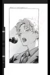  1boy :o art_program_in_frame border collared_shirt commentary dated futsuu_no_keion-bu greyscale highres jacket lapels male_focus microphone monochrome music necktie notched_lapels official_alternate_costume official_alternate_hairstyle open_mouth procreate_(software) shirt short_hair singing solo suit_jacket sweat takami_kouki touri1225 