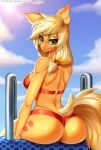  2020 absurd_res anthro anthrofied anxiety-chan applejack_(mlp) bikini bikini_bottom breasts butt casual_exposure clothed clothing cloud cutie_mark digital_media_(artwork) earth_pony equid equine eyebrows eyelashes female freckles friendship_is_magic green_eyes hi_res horse looking_at_viewer mammal mostly_nude my_little_pony nipples outside pony rear_view sitting solo swimming_pool swimwear text url 