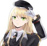  1girl blonde_hair coat commission commissioner_upload girls&#039;_frontline gloves green_eyes hat highres kandly long_hair looking_at_viewer medal military_coat military_hat military_uniform necktie non-web_source simple_background solo stg44_(girls&#039;_frontline) stg44_(mod3)_(girls&#039;_frontline) transparent_background upper_body vgen_commission white_gloves 