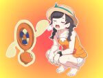  1girl barefoot bracelet breath brown_hair closed_eyes collarbone commentary_request hat highres jewelry long_hair marunouchi_yaesu open_mouth orange_shirt outline pokemon pokemon_(creature) pokemon_usum rotom rotom_(fan) selene_(pokemon) shirt shorts sleeveless sleeveless_shirt sweat teeth toes tongue upper_teeth_only white_shorts z-ring 