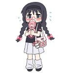  1girl akemi_homura bag black_hair black_headband black_shoes blush bow braid character_doll character_fan character_name daily_danmi doll glasses headband heart heart_print itabag kaname_madoka korean_commentary long_hair looking_at_viewer mahou_shoujo_madoka_magica mahou_shoujo_madoka_magica_(anime) pink_bow pink_ribbon pleated_skirt red-framed_eyewear ribbon shoes shoulder_bag skirt socks sweatdrop twin_braids white_background white_socks 
