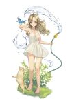  1girl :d absurdres ahoge animal animal_on_arm arm_up armpits bangs bare_shoulders barefoot bird bird_on_arm blonde_hair blush breasts cat cleavage collarbone commentary dress eyebrows_visible_through_hair flower full_body grass highres holding holding_hose hose leaf legs liquid long_hair looking_at_viewer medium_breasts open_mouth original plant see-through short_dress simple_background sleeveless sleeveless_dress smile solo standing summer sundress v water white_background white_dress xi_xeong yellow_flower 