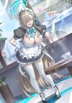  1girl apron asuna_(blue_archive) blonde_hair blue_archive blue_eyes blue_halo blush bow bowtie breasts cake cleavage commentary cup food full_body gloves hair_over_one_eye halo hand_on_own_hip heart highres holding holding_plate large_breasts leaning_forward long_hair looking_at_viewer maid_apron maid_headdress mole mole_on_breast official_alternate_costume plate s87074877 smile solo teacup thighhighs very_long_hair white_gloves white_thighhighs 