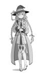  1girl boots braid braided_twintails commentary_request crossed_bangs greyscale hair_between_eyes hat highres holding holding_staff light_smile long_sleeves looking_at_viewer low_twintails mage_staff monochrome mushoku_tensei pigeon-toed po_(podi_mahattaya) roxy_migurdia simple_background smile solo staff standing thigh_boots twin_braids twintails white_background witch_hat 