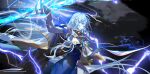  1girl absurdres arm_at_side arm_up blue_brooch blue_dress blue_eyes breasts brooch cape collared_cape colored_eyelashes daymera dress electricity electrokinesis energy_spear eye_symbol floating floating_hair game_cg gem glowing glowing_eyes highres holding holding_polearm holding_weapon jewelry khun_maschenny_zahard lightning long_hair official_art pale_skin polearm shadow shinsoo_(tower_of_god) sidelighting sidelocks simple_background sleeveless sleeveless_dress smile solo spear teeth tower_of_god tower_of_god:_great_journey weapon white_cape 
