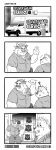  2020 ? absurd_res american_black_bear anthro black_bear bottomwear bovid bovine cattle clothing comic delivery_bear_service duo eyewear glasses hat headgear headwear hi_res kamui_shirow kermo_(kamui_shirow) kermode_bear male mammal muscular overweight overweight_male pants shirt topwear ursid ursine 