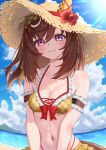  1girl absurdres animal_ears bare_shoulders beach bikini blue_sky blush breasts brown_hair buena_vista_(umamusume) checkered_bikini checkered_clothes cleavage closed_mouth cloud cloudy_sky flower hair_between_eyes hairband hat hat_flower highres horse_ears horse_girl looking_at_viewer medium_breasts medium_hair moyashi_toufu navel ocean purple_eyes sky smile solo stomach straw_hat sun_hat swimsuit umamusume water yellow_bikini 