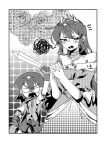  1boy 1girl alternate_costume arm_up aubrey_(faraway)_(omori) aubrey_(omori) bare_shoulders bright_pupils chibi dress gloves greyscale highres holding holding_sword holding_weapon huasuan69416 jewelry kel_(faraway)_(omori) kel_(omori) long_hair looking_at_viewer lower_teeth_only monochrome necklace off-shoulder_dress off_shoulder omori open_mouth own_hands_clasped own_hands_together short_hair short_sleeves sword teeth tiara weapon 