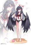  1girl absurdres angel_wings bare_legs bare_shoulders barefoot bikini black_hair black_sailor_collar black_serafuku black_wings blue_archive breasts getty-gy halo highres ichika_(blue_archive) large_breasts looking_at_viewer navel neckerchief red_eyes red_halo red_neckerchief sailor_collar school_uniform serafuku swimsuit thighs wings 