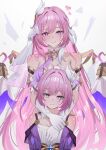  2girls absurdres armpit_crease arms_around_neck bare_shoulders blue_eyes breasts cleavage closed_mouth collar commentary commentary_request cyrene_(honkai:_star_rail) detached_sleeves diamond-shaped_pupils diamond_(shape) dress elysia_(herrscher_of_human:_ego)_(honkai_impact) elysia_(honkai_impact) gloves hair_ornament hair_over_shoulder heart highres honkai:_star_rail honkai_(series) honkai_impact_3rd in-franchise_crossover inoue_marina large_breasts light_blush long_hair looking_at_viewer medium_hair miya-chan_(lightning0730) multiple_girls parted_lips pink_hair pink_lips pink_pupils purple_eyes short_hair shoulder_blush smile swept_bangs symbol-shaped_pupils symbol_in_eye veil very_long_hair voice_actor_connection white_background white_collar white_dress white_gloves white_sleeves white_veil yanning 