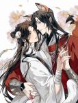  2boys animal_ears bandaged_arm bandaged_neck bandages bishounen black_hair blurry blurry_background blush bracelet braid brown_eyes brown_hair butterfly_necklace chinese_clothes earrings extra_ears eyepatch falling_petals ferret_boy ferret_ears ferret_tail floral_background flower fox_boy fox_ears fox_tail hair_bun hair_ribbon hanfu highres holding_hands hua_cheng hug jewelry kemonomimi_mode long_hair long_sleeves looking_at_another male_focus mandarin_collar multiple_boys necklace one_eye_covered parted_lips petals pointy_ears red_eyes red_hanfu ribbon robe ronpu_cooing side_braid silver_bracelet silver_necklace single_braid single_hair_bun smile string string_around_finger string_of_fate tail tianguan_cifu upper_body white_hanfu white_ribbon wide_sleeves xie_lian yaoi yellow_eyes yuanlingpao 