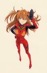  1girl arm_up blue_eyes bodysuit full_body hand_on_own_hip highres interface_headset_(evangelion) long_hair looking_at_viewer mecha_pilot_suit neon_genesis_evangelion payama red_bodysuit simple_background solo souryuu_asuka_langley standing 