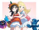  2girls backpack bag black_bag black_hair blonde_hair border braid brown_eyes brown_hat commentary_request cosmog cowboy_shot flower gradient_background green_eyes grin hat hat_flower highres hug hug_from_behind lillie_(pokemon) long_hair multiple_girls open_mouth orange_shirt pink_background pink_bag pleated_skirt pokemon pokemon_(creature) pokemon_usum popplio selene_(pokemon) shali shirt shorts shoulder_bag skirt smile twin_braids white_border white_shirt white_shorts white_skirt 