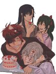  1girl 3boys allen_walker birthday birthday_cake black_hair black_headband black_shirt blue_eyes blush bow brown_vest cake chewing closed_eyes collarbone d.gray-man earrings eyepatch facial_mark facing_another food food_on_face food_on_hair fruit gloves green_eyes green_hair grey_eyes grey_shirt grin hair_between_eyes hair_bow hand_on_own_chin happy_birthday head_hug headband highres holding holding_cake holding_food holding_fruit hoop_earrings hug hug_from_behind jewelry kanda_yuu laughing lavi lenalee_lee long_hair long_sleeves looking_at_another looking_at_food messy_hair multiple_boys one_eye_covered open_mouth pink_shirt pointing pointing_at_object red_bow red_hair scar scar_across_eye scar_on_face shirt short_hair short_sleeves side_slit sidelocks signature simple_background smile star_(symbol) star_facial_mark strawberry striped_clothes striped_shirt stud_earrings tongue tongue_out twitter_username two_side_up vertical-striped_clothes vertical-striped_shirt vest vomo white_background white_gloves white_hair white_shirt 