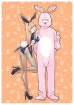  1boy 1girl animal_costume animal_ears arm_behind_head ass black_coat black_leotard black_pantyhose black_shoes blonde_hair breasts brown_pantyhose coat commentary fake_animal_ears fake_tail full_body gojou_wakana hand_on_another&#039;s_shoulder hetero high_heels highres kitagawa_marin large_breasts leotard looking_at_viewer mascot_costume nishihara_erika one_eye_closed open_mouth pantyhose playboy_bunny rabbit_costume rabbit_ears rabbit_tail shoes smile sono_bisque_doll_wa_koi_wo_suru standing standing_on_one_leg symbol-only_commentary tail tailcoat_playboy_bunny trembling v 