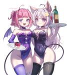  2girls absurdres ahoge alcohol animal_ears annytf black_leotard black_thighhighs black_wings bow bowtie breasts cameltoe camila_(vtuber) collarbone covered_navel demon_wings dessert detached_collar feet_out_of_frame food fox_ears groin heart heart_ahoge highres holding holding_plate indie_virtual_youtuber komori leotard looking_at_viewer medium_breasts multiple_girls open_mouth plate pointy_ears pom_pom_(clothes) purple_bow purple_bowtie purple_hair purple_thighhighs skin_tight strapless strapless_leotard tail teeth thighhighs tongue upper_teeth_only white_background white_hair wine wings 