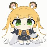  1girl animal_ear_fluff animal_ears animated animated_gif blonde_hair chibi chibi_only colored_inner_hair commentary_request gloves green_eyes jacket ju_fufu long_hair looking_at_viewer multicolored_hair open_mouth shirt shorts simple_background smile solo tail tiger_ears tiger_girl tiger_tail umihio zenless_zone_zero 