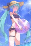  1girl aqua_eyes aqua_hair ball bare_shoulders beachball bikini black_bikini blue_sky breasts cloud frilled_bikini frilled_bikini_bottom frilled_bikini_top frills hat hatsune_miku highres holding holding_ball holding_beachball layered_bikini long_hair navel sky small_breasts solo soyose stomach straw_hat swimsuit thigh_strap twintails very_long_hair vocaloid wet 