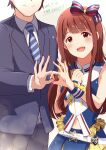  1boy 1girl absurdres belt black_jacket black_pants black_suit blue_necktie blush bow brown_eyes brown_hair closed_mouth create_festival_(idolmaster) dated diagonal-striped_clothes diagonal-striped_necktie eyes_out_of_frame hair_bow head_out_of_frame highres idolmaster idolmaster_million_live! idolmaster_million_live!_theater_days jacket lapels long_hair long_sleeves looking_at_viewer midriff_peek multicolored_bow natsuki_p navel necktie ok_sign open_mouth pants plaid_clothes producer_(idolmaster) ribbon shirt simple_background sleeveless sleeveless_shirt smile sparkle standing striped_clothes striped_ribbon suit suit_jacket tanaka_kotoha white_background white_belt wrist_cuffs 
