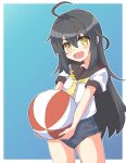  1girl ahoge ass_visible_through_thighs ball beachball black_hair black_sailor_collar blue_background blue_one-piece_swimsuit blush border covered_navel cowboy_shot crescent crescent_pin highres kantai_collection long_hair looking_at_viewer mikazuki_(kancolle) no_pants old_school_swimsuit one-piece_swimsuit open_mouth pepatiku sailor_collar school_swimsuit school_uniform serasuku shirt smile solo swimsuit swimsuit_under_clothes white_border white_shirt yellow_eyes 