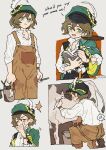  ... 1girl :d anger_vein black_vest body_writing brown_hair brown_overalls bucket cape cow cowboy_shot english_text feet_out_of_frame green_cape green_eyes green_hat grey_background hand_on_own_chin hat hat_feather highres holding holding_bucket holding_notebook holding_quill mole mole_under_eye multiple_views newsboy_cap notebook on_one_knee open_clothes open_vest overalls quill recoleta_(reverse:1999) reverse:1999 shirt short_hair smile solo speech_bubble spoken_anger_vein spoken_ellipsis stroking_own_chin thinking tray upper_body vest white_shirt writing yang_miemie_benti 