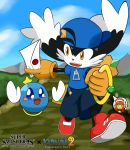  1girl 2boys animal_ears artist_request beatart4 black_fur blue_headwear blue_pants blue_shirt gem gloves highres huepow jewelry kaze_no_klonoa klonoa lolo_(klonoa) meta multiple_boys pac-man pants red_footwear ring shirt sky super_smash_bros. white_fur yellow_eyes yellow_gloves zipper 