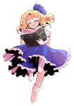  1girl alice_margatroid alice_margatroid_(pc-98) alphes_(style) bare_arms blonde_hair blue_hairband blue_ribbon blue_skirt blush bobby_socks book commentary_request dairi frilled_skirt frills full_body grimoire_of_alice hair_between_eyes hairband holding holding_book large_variant_set leg_up open_book parody parted_bangs puffy_short_sleeves puffy_sleeves ribbon shirt short_hair short_sleeves skirt socks solo style_parody tachi-e touhou touhou_(pc-98) transparent_background variant_set white_shirt white_socks 
