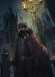  1boy 1girl architecture arm_around_waist black_bonnet black_cape black_dress black_jacket blue_hair bonnet braid building cape commission couple dress gothic_architecture green_eyes grey_sky hair_between_eyes hair_over_shoulder highres jacket lamppost lapels original outdoors rain red_hair side_braid skeb_commission sky spire suit tensen_(dotted_line) twin_braids veil vest victorian 