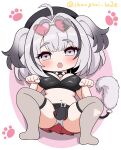  1girl ahoge artist_name azur_lane beret black_hair black_hat blush breasts chibi chibi_only collar eyewear_on_head fake_tail fang gradient_hair grey_eyes grey_hair grey_thighhighs hat heart heart-shaped_eyewear heart-shaped_pupils highres large_breasts looking_at_viewer multicolored_hair navel open_mouth panties red_skirt shanghai_kani short_hair skin_fang skirt solo spiked_collar spikes spread_legs stomach symbol-shaped_pupils tail thighhighs two_side_up underwear white_panties z13_(azur_lane) 