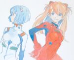  2girls ayanami_rei bad_id bad_tumblr_id blue_hair bodysuit interface_headset_(evangelion) long_hair looking_at_viewer looking_to_the_side mecha_pilot_suit multiple_girls neon_genesis_evangelion painting_(medium) plugsuit_(evangelion) red_bodysuit red_eyes red_hair short_hair simple_background smile souryuu_asuka_langley traditional_media wamo-3 watercolor_(medium) white_background white_bodysuit 