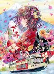  1girl absurdres black_hair commentary falling_petals flag floral_print flower folding_fan from_side green_hair hair_flower hair_ornament hand_fan hand_fan_writing hand_up highres holding holding_fan japanese_clothes kimono lake leaf medium_hair mount_fuji mountain multicolored_hair nail_polish orange_flower original painting_(medium) paper_fan petals pink_eyes pink_flower pink_hair pink_nails pink_petals poppy_(flower) profile promotional_art real_world_location red_kimono ship solo tassel tassel_hair_ornament traditional_media water_drop watercolor_(medium) watercraft window yellow_flower yukoring 