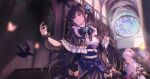  2girls absurdres arcaea arm_at_side arm_cutout bird black_bird black_bow black_bowtie black_capelet black_hair black_ribbon black_skirt blue_eyes blue_flower blue_rose bow bowtie breasts bug butterfly capelet center_frills chinese_commentary closed_mouth commentary_request corset crow flower frills glass_shards hair_flower hair_intakes hair_ornament hair_over_one_eye hair_ribbon hat highres hikari_(arcaea) hikari_(fracture)_(arcaea) indoors long_hair long_sleeves looking_at_another multiple_girls muonrei00 one_eye_covered orange_butterfly pink_flower pink_rose red_hat ribbon rose shirt skirt stained_glass standing tairitsu_(arcaea) tairitsu_(grievous_lady)_(arcaea) very_long_hair white_hair white_shirt window yellow_butterfly 
