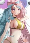  1girl agedashi_doufu_mk23 alternate_costume bikini blue_hair blush bow-shaped_hair breasts character_hair_ornament eyelashes hair_ornament hand_in_own_hair highres iono_(pokemon) long_hair looking_at_viewer navel pink_eyes pink_hair pokemon pokemon_sv sharp_teeth smile solo swimsuit teeth very_long_hair white_background yellow_bikini 