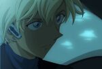  1boy amuro_tooru anime_screenshot aoyama_goushou black_jacket blonde_hair blue_eyes close-up closed_mouth dark headset highres jacket looking_ahead meitantei_conan meitantei_conan_kurogane_no_submarine official_art outdoors portrait short_hair solo 