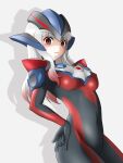  1girl \m/ aiueo8371 alternate_hair_color alternate_skin_color animification armor armored_bodysuit black_bodysuit blush bodysuit breasts color_timer commentary contrapposto cosplay covered_navel cowboy_shot cut_bangs dark_persona drop_shadow gradient_hair hand_on_own_hip headgear highres humanization legs_together long_hair looking_at_viewer medium_breasts minato_asahi multicolored_bodysuit multicolored_hair parted_lips red_bodysuit red_eyes red_hair self_cosplay shoulder_armor shoulder_pads simple_background skin_tight solo standing teeth tokusatsu two-tone_bodysuit two-tone_hair ultra_galaxy_(series) ultra_galaxy_fight:_the_destined_crossroad ultra_series ultrawoman_grigio_darkness ultrawoman_grigio_darkness_(cosplay) white_background white_hair 