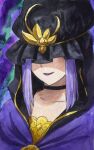  1girl black_choker black_hood blue_hair blue_lips choker covered_eyes fate/stay_night fate_(series) highres hooded_robe jewelry medea_(caster)_(fate) medea_(fate) painting_(medium) portrait purple_robe robe smile solo tomoeotohime traditional_media watercolor_(medium) 