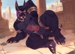 animal_mask anthro anubian_jackal balls big_balls black_body black_fur canid canine canis claws detailed_background egyptian_architecture fangs fur genitals gold_(metal) hi_res hieroglyphics humanoid jackal jayzac knot male mammal mask nipples penis piercing pup_mask red_eyes smile smiling_at_viewer solo teeth