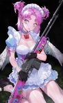  1girl angel_wings apron barcode blue_eyes bow breasts cleavage clothing_request collar commentary_request cuffs doughnut earrings ekao english_text food gloves gun handcuffs heart highres ice_cream ice_cream_cone jewelry looking_to_the_side maid_apron multicolored multicolored_eyes mushroom original pink_eyes pink_hair rifle shoes short_hair short_sleeves short_twintails sign solo stop_sign thighhighs twintails weapon wings 