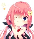  1girl ;3 ;p black_bow blue_eyes blush bow bowtie cat_hair_ornament clenched_hands closed_mouth commentary crossed_bangs furrowed_brow fuwa_mochiri hair_between_eyes hair_bow hair_intakes hair_ornament hamidashi_creative hands_up highres long_hair long_sleeves looking_at_viewer low_twintails one_eye_closed pink_hair red_bow red_bowtie school_uniform selfie shirt sidelocks simple_background smile solo star_(symbol) tehepero tokiwa_kano tongue tongue_out twintails upper_body white_background white_shirt yellow_bow 