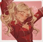  1girl arms_up artist_name blonde_hair bodysuit border breasts cleavage closed_eyes commentary earrings english_commentary eyelashes heart jewelry long_hair lotus_pear outside_border pearl_earrings persona persona_5 persona_5_the_royal pink_background red_bodysuit solo takamaki_anne twintails white_border 
